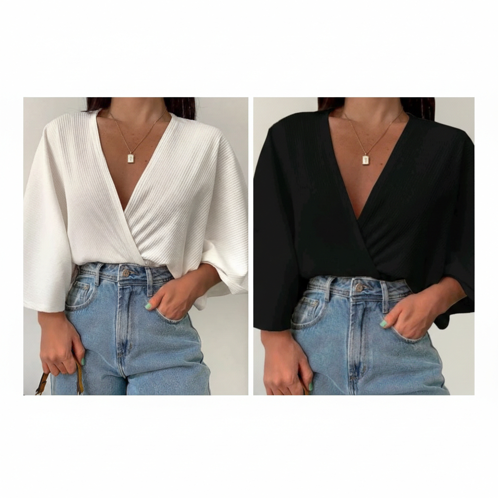 Kit 2 Blusa Feminina Transpassada Manga Morcego em Malha Canelada Premium