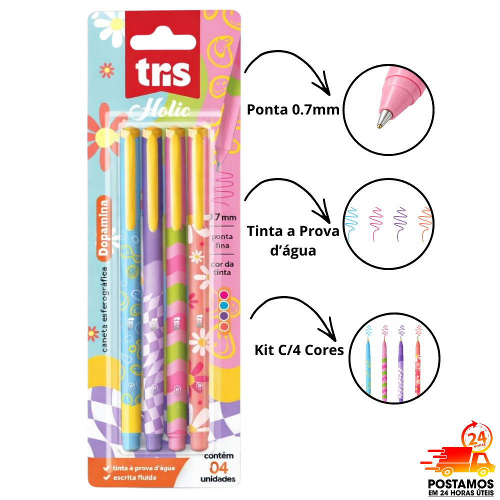 Caneta Esf. Dopamina 0.7mm Tinta Colorida - Cartela 4 Unid Lápis De Escrever Cartela 4 Unid Tris. em Oferta na Shopee