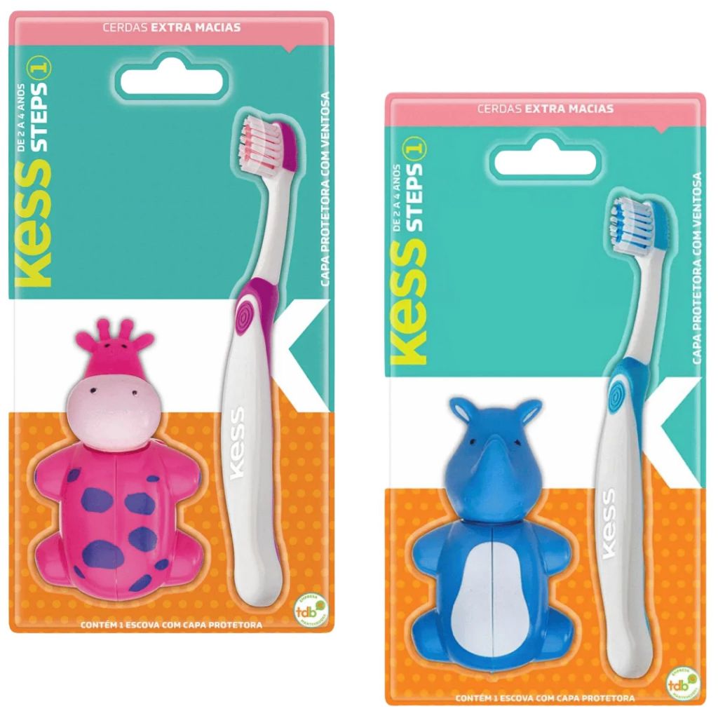Escova Dental Infantil Kids 02 a 04 Anos Animais STEPS 1 Com Capa Protetora KESS Escova de Dentes
