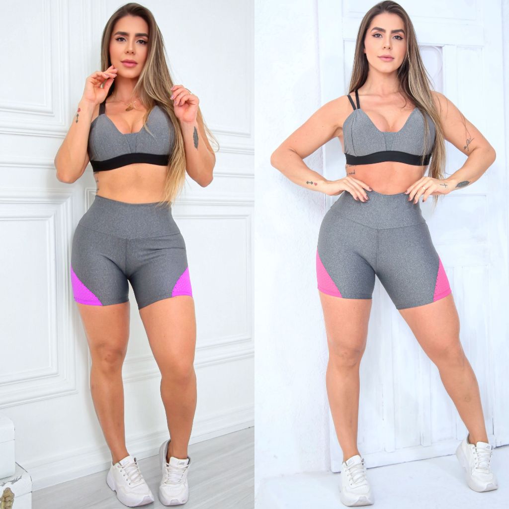 Conjunto Academia Ginástica Treino Fitness Top Bojo Removível Short Modelador Não Fica Transparente