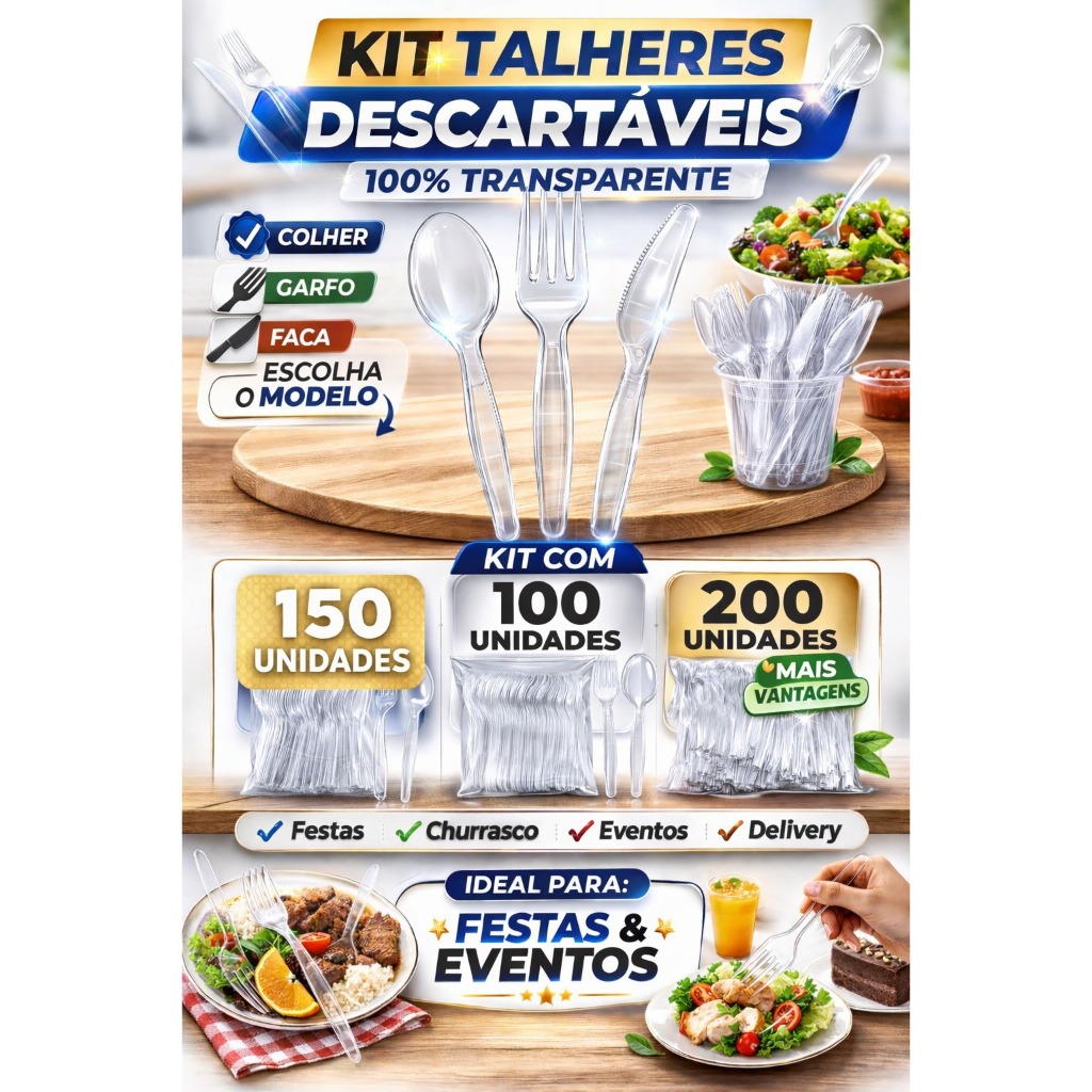 50~200 UNIDADES (COLHER, GARFO ou FACA) transparente para Festa Aniversario Refeição churrasco em Oferta na Shopee