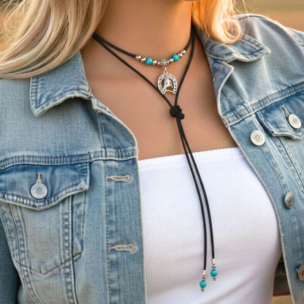 Colar Country Feminino Gravata Bolo Tie Ferradura Cavalo Estilo Boiadeira Sertanejo Luxo em Oferta na Shopee