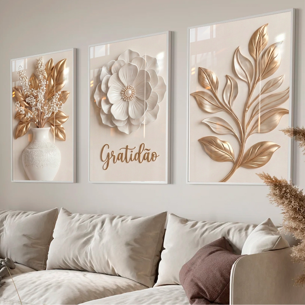 Quadros Decorativos Trio Gratidão Fé Floresça Flor Branco e Dourado Sala em Oferta na Shopee