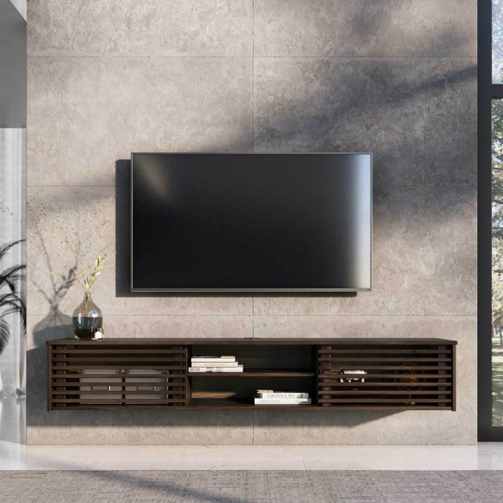 Rack de Parede Sala TV 75 Ripado 2 nichos 175 cm Madeira Cor Imbuia Rian