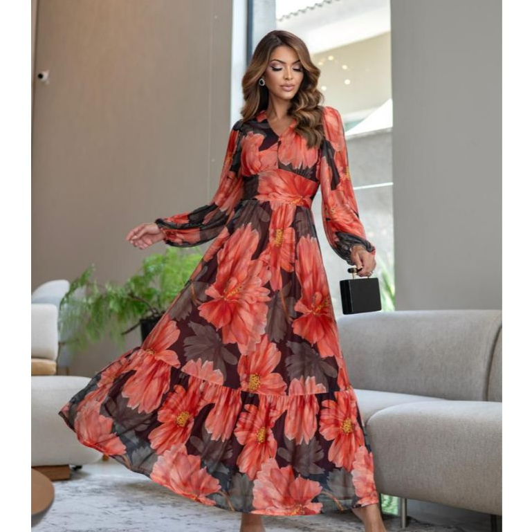 Vestido Longo em Tule elegante Floral Kátia