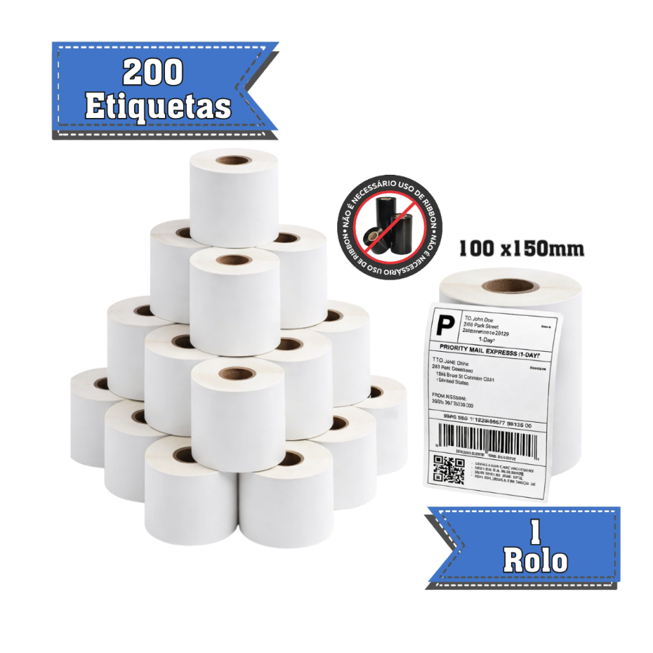 Rolo de 200 Etiquetas termicas compatível E-COMMERCE Zebra Elgin Serrilha 100MMX150MM Branco