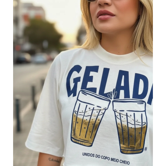Camiseta Cropped Oversized Feminina 100% Algodão T-Shirt Estampa Metalizada Streetwear Soltinha Blusinha Premium