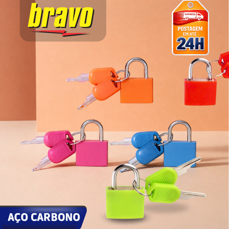 Imagem Cadeado Bravo Colorido com Chave | Trava Segura e Estilosa | Mochila, Armário, Malas