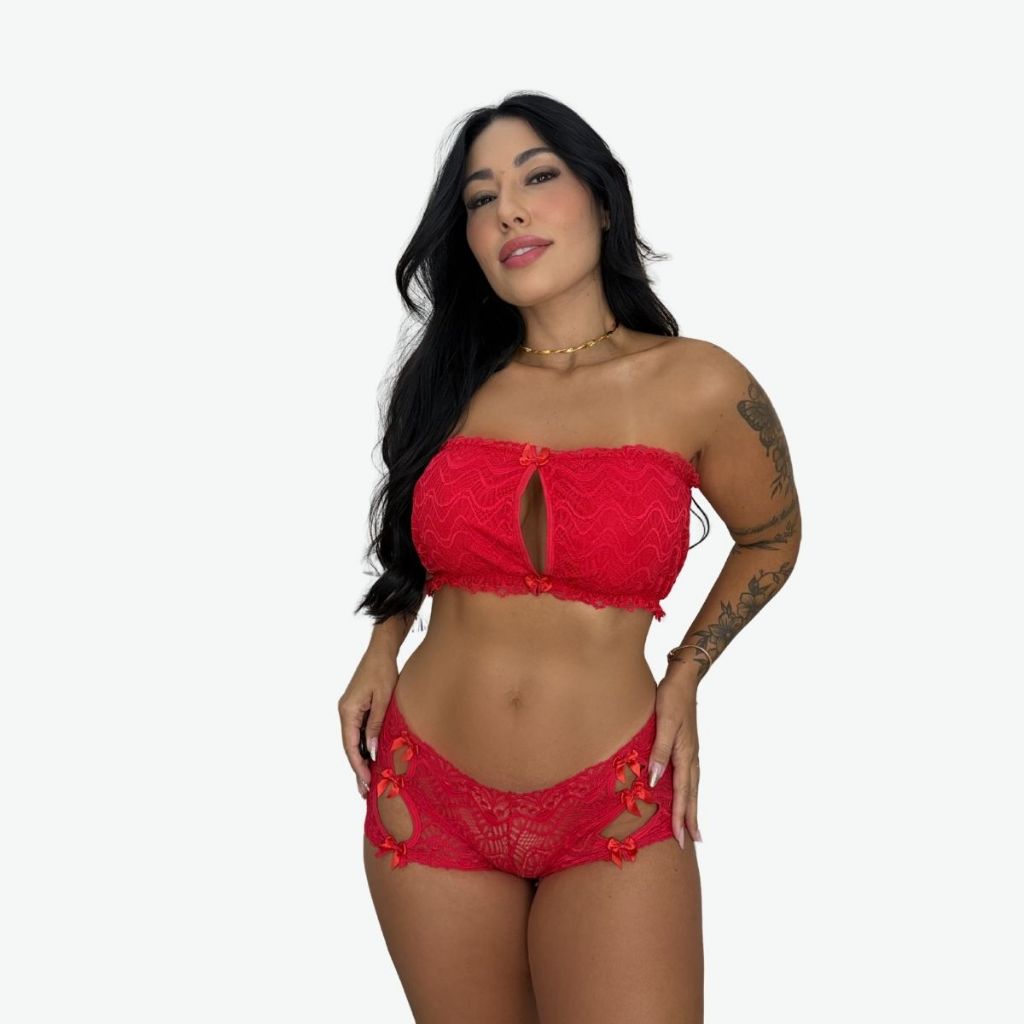 Conjunto Feminino Renda Transparente Top Faixa Forrado Sem Aro Sem Bojo + Calcinha Renda Sensual Conforto