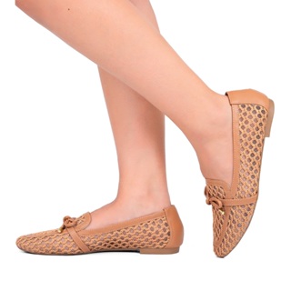 Mocassim Feminino Lumiss Material Natural Tela Trançado Bico Quadrado Confortável Caramelo em Oferta na Shopee