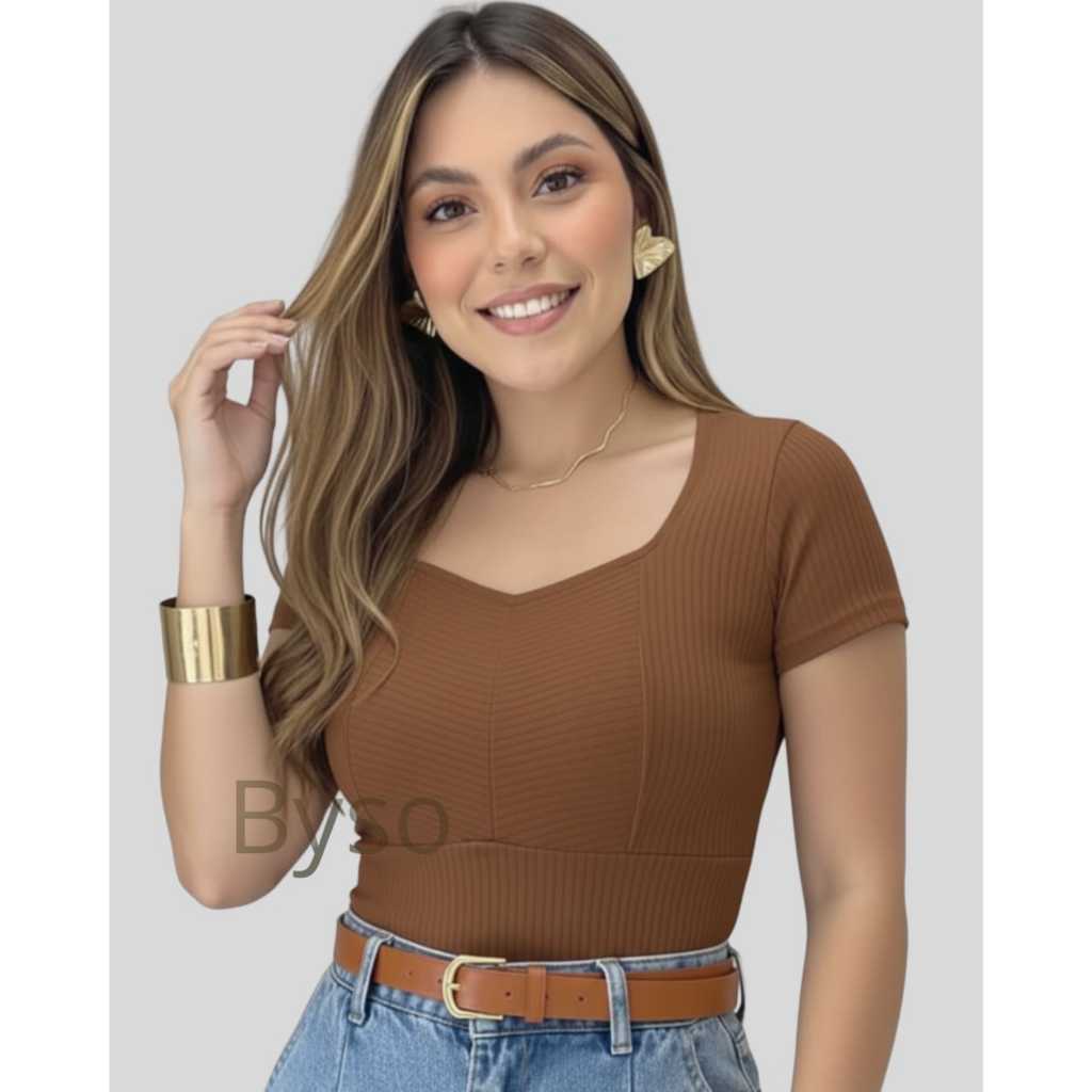 Blusa Feminina Decote Quadrado Recortes Manga Curta Blusinha Casual Dia A Dia Canelada em Oferta na Shopee