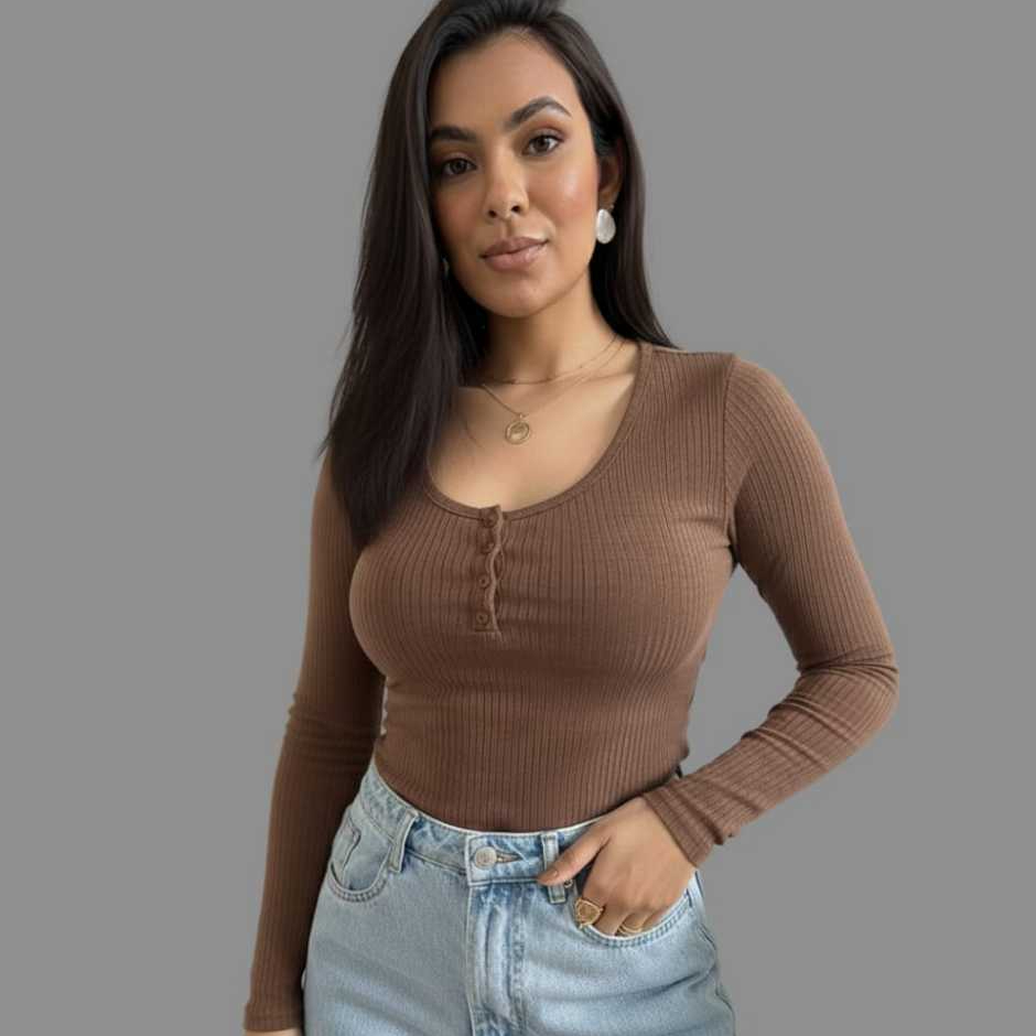 Blusa Básica Feminina Frio Canelada Toque Macio Suéter Feminino Manga Comprida  Com Botões em Oferta na Shopee