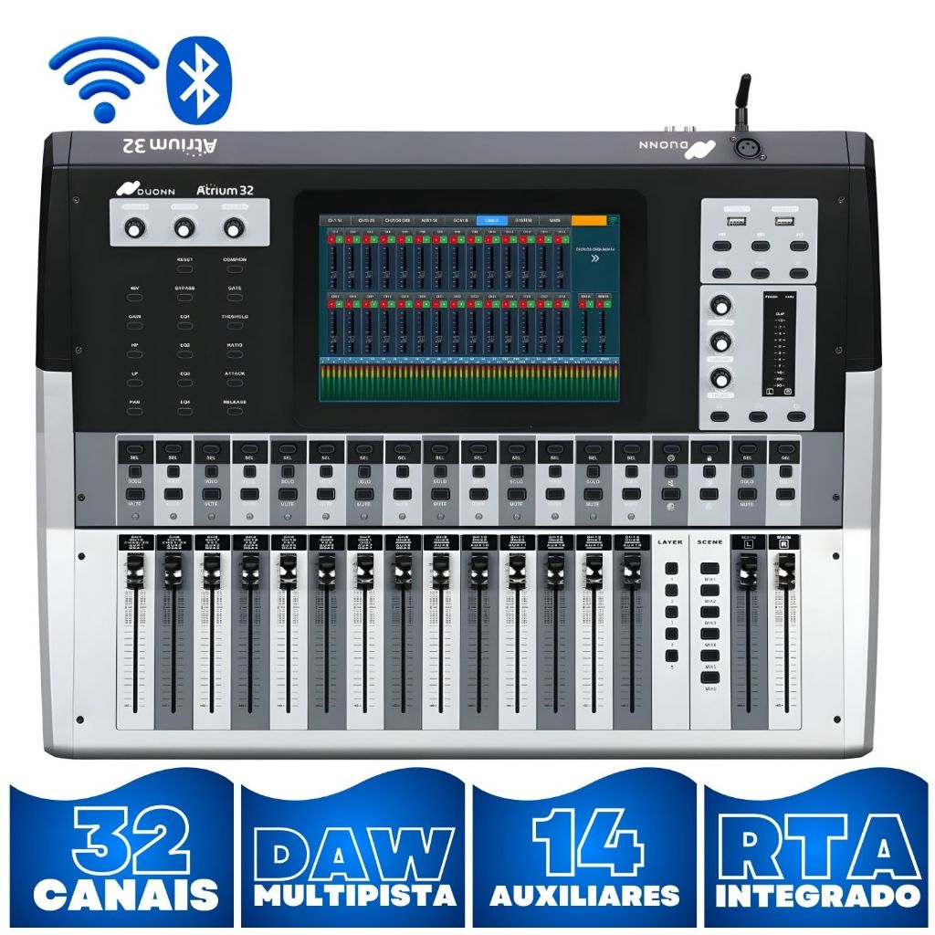 Console Mesa de Som Digital Duonn Atrium 32 Canais 14 Auxiliares Multipista Touch RTA Aud…