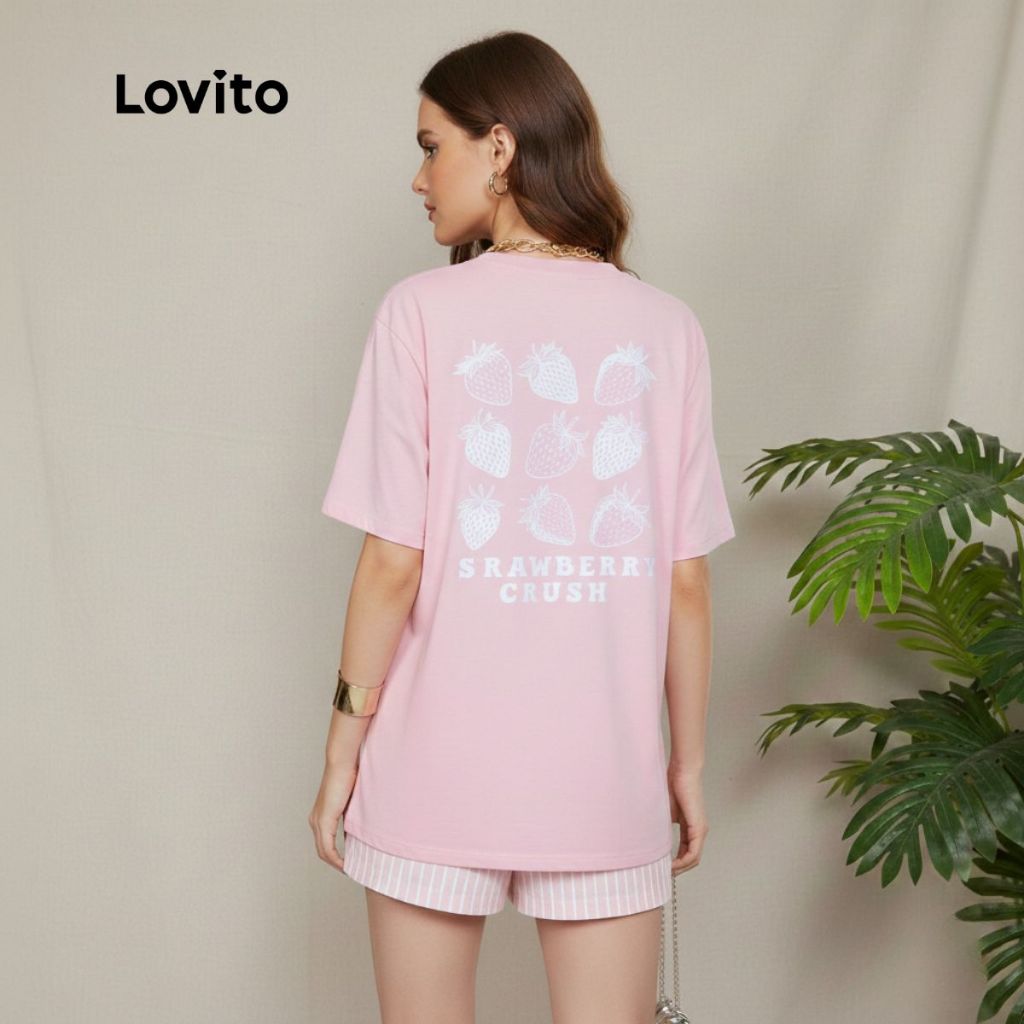 Lovito Camiseta Manga Curta Feminina Estampa Morangos TSB1427BRL1457 em Oferta na Shopee