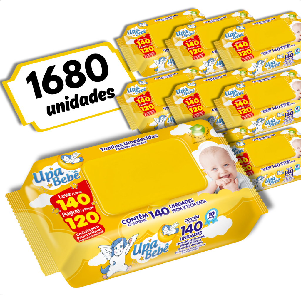 Kit 12 Toalhas Umedecidas Upa Bebê 140un Flip Top 1680 Lenços Higiene Infantil