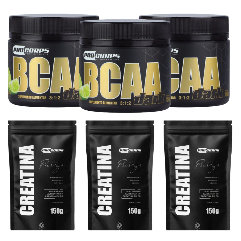 Suplementos 3x Bcaa 100g + 3x Creatina 150g - Auxilia Recuperação Muscular e Ganho de Massa Magra
