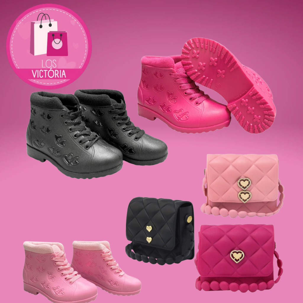Conjunto Infantil Bota + Bolsinha Coração Feminino | Material Confortável E Impermeável Qualidade