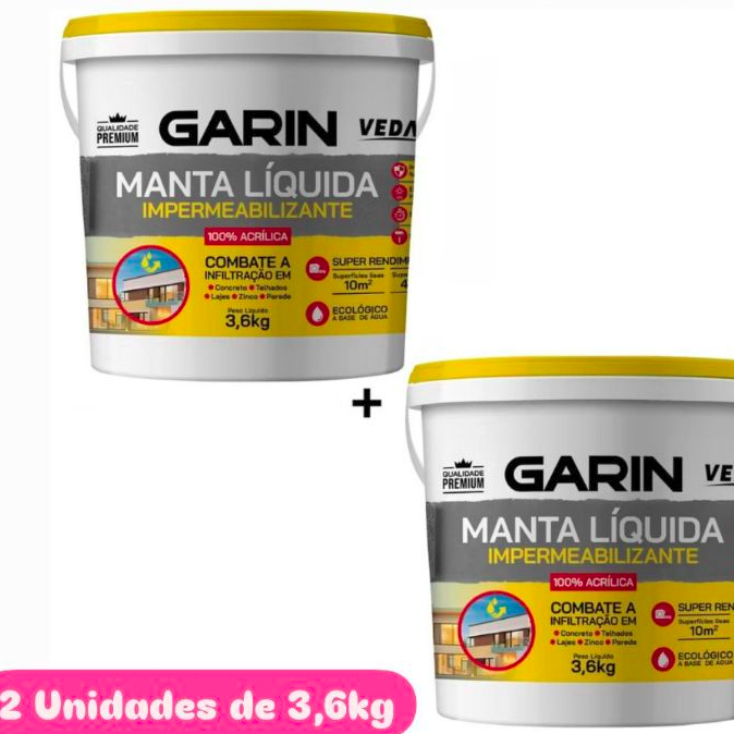 Kit 2 Manta Líquida 3,6kg Emborrachada Impermeabilizante Acrílico Garin Paredes Telhados Lajes Pisos