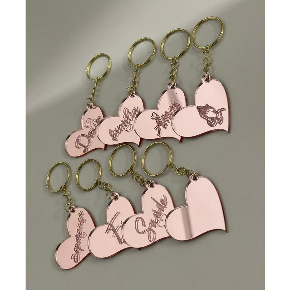 Kit Chaveiro Coração de Acrílico Rose Espelhado Personalizado Lembrancinha Dia das Mães Mulheres