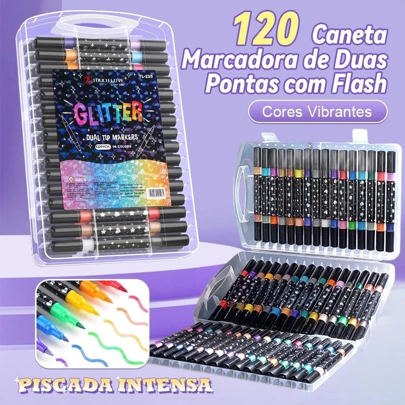 Caneta Marcadora Glitter Dupla Ponta 24/48/72/96 Cores | Arte, Escola, Planner, Desenho em Oferta na Shopee