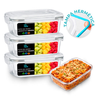 Conjunto Potes Vidro Hermético 1040ml  Marmita Com 4 Travas