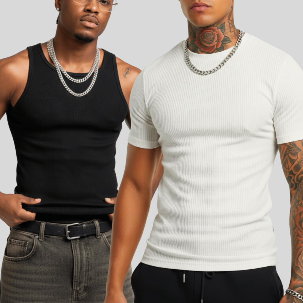 Camiseta + Regata Masculina Malha Canelada Estilo Americano Estilo Rua Tecido Leve e Macio