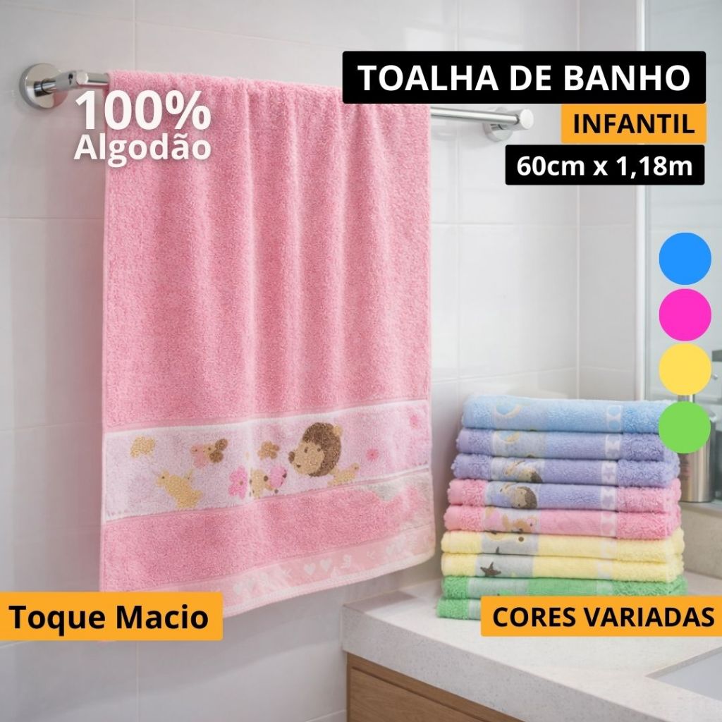 Toalha de Banho Infantil 60cm x 1,18m Masculina e Feminina 100% Algodão Cores Variadas