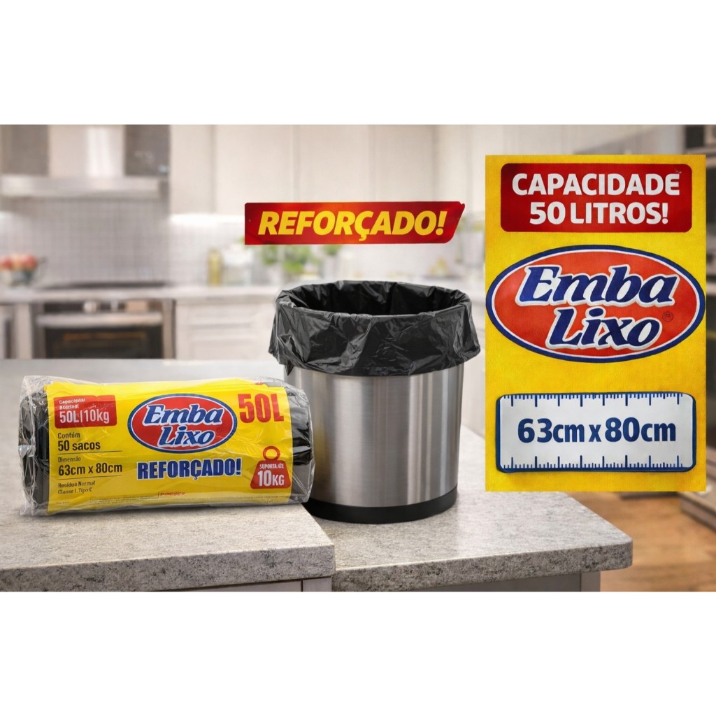 Saco de Lixo 50L Reforçado Emba Lixo c/ 50 Sacos Preto Resistente Uso Cozinha Condomínio Restaurante