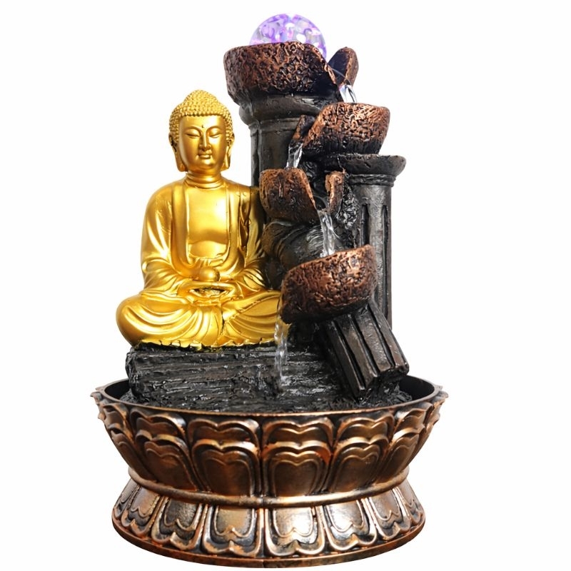 Imagem Fonte de Água Decorativa Buda com LED – Cascata Zen Feng Shui, Umidificador Relaxante para Sala, Escritório e Meditação