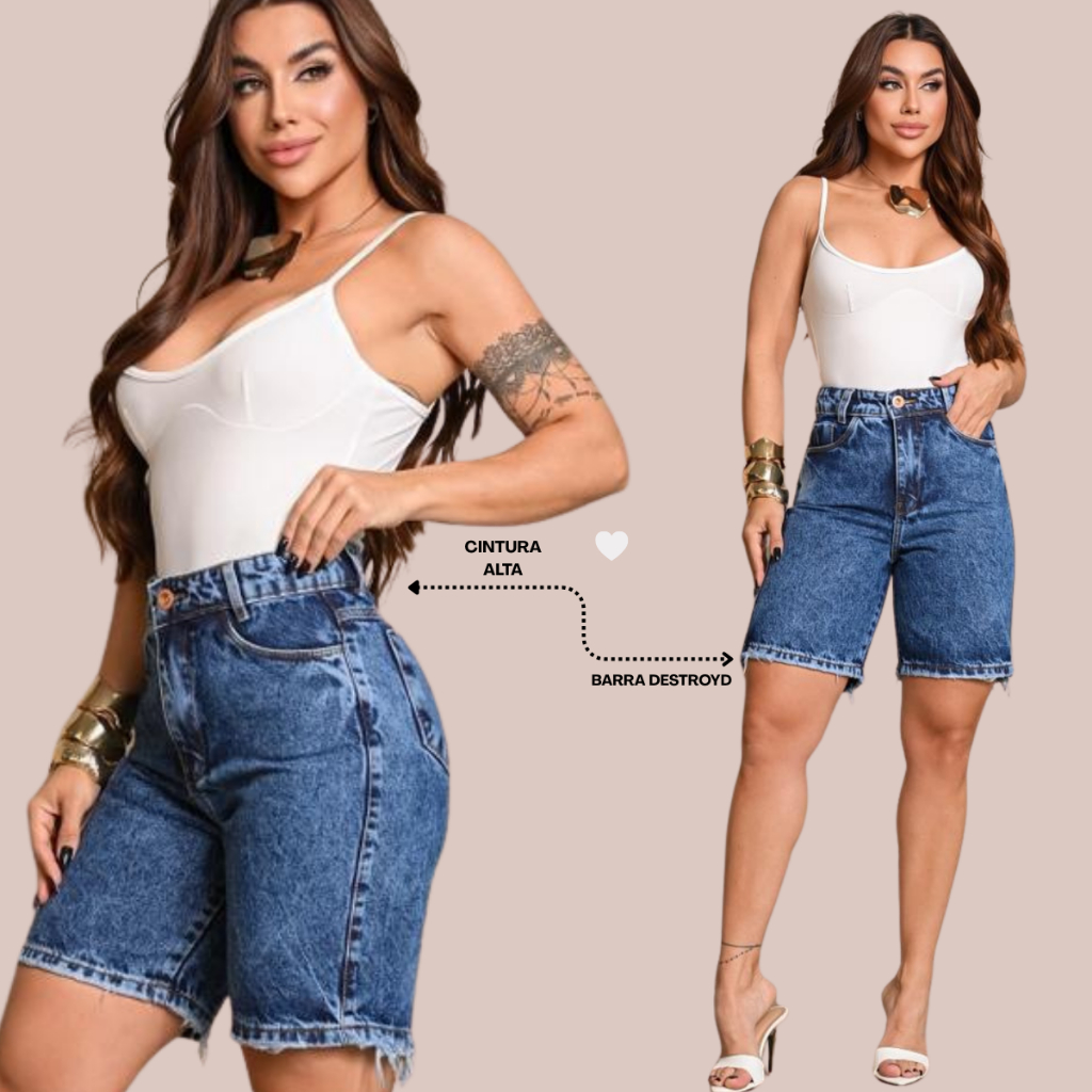Bermuda Jorts Feminina Jeans Marmorizada Cintura Alta Sem lycra em Oferta na Shopee
