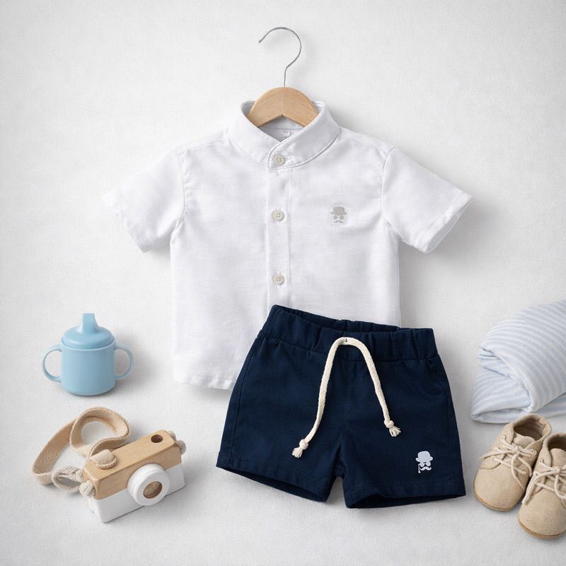 Conjunto de Verão Bebê 0-5 anos meninos Camisa Gola padre + Short Mauricinho Brim em Oferta na Shopee