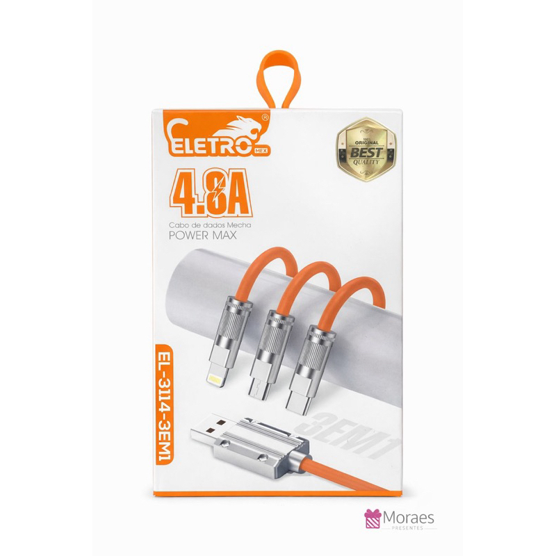 Cabo 3 em 1 4.8A Eletró EL-3114-3EM1, carga rápida, resistente e compatível com vários dispositivos.