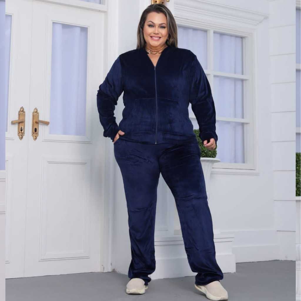 Conjunto Feminina  Plus Size Agasalhos De Veludo Plush Blusa e Calça Inverno Com Ziper Capuz Bolso-1