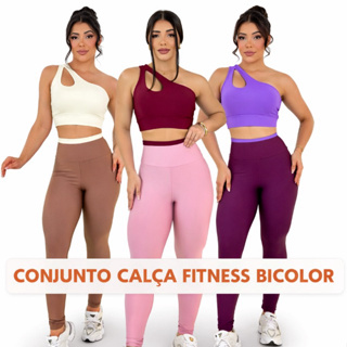 Conjunto calça e top Fitness Feminino Duas Cores Suplex Premium Cintura Alta Zero Transparência Academia em Oferta na Shopee
