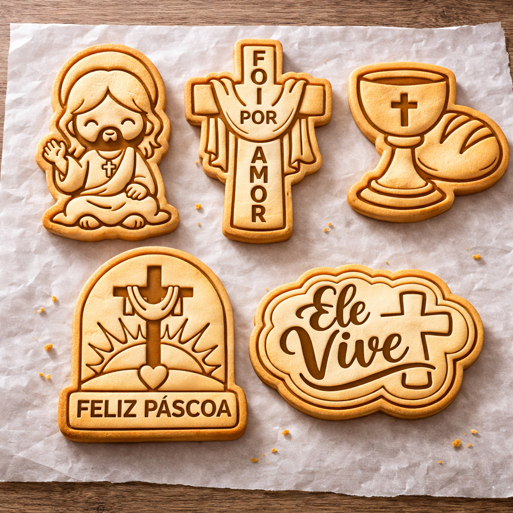 Kit 5 Cortadores e Marcadores 3D Páscoa Religioso Cristo Ele Vive Cruz Cookie Biscuit Pasta Americana PLA