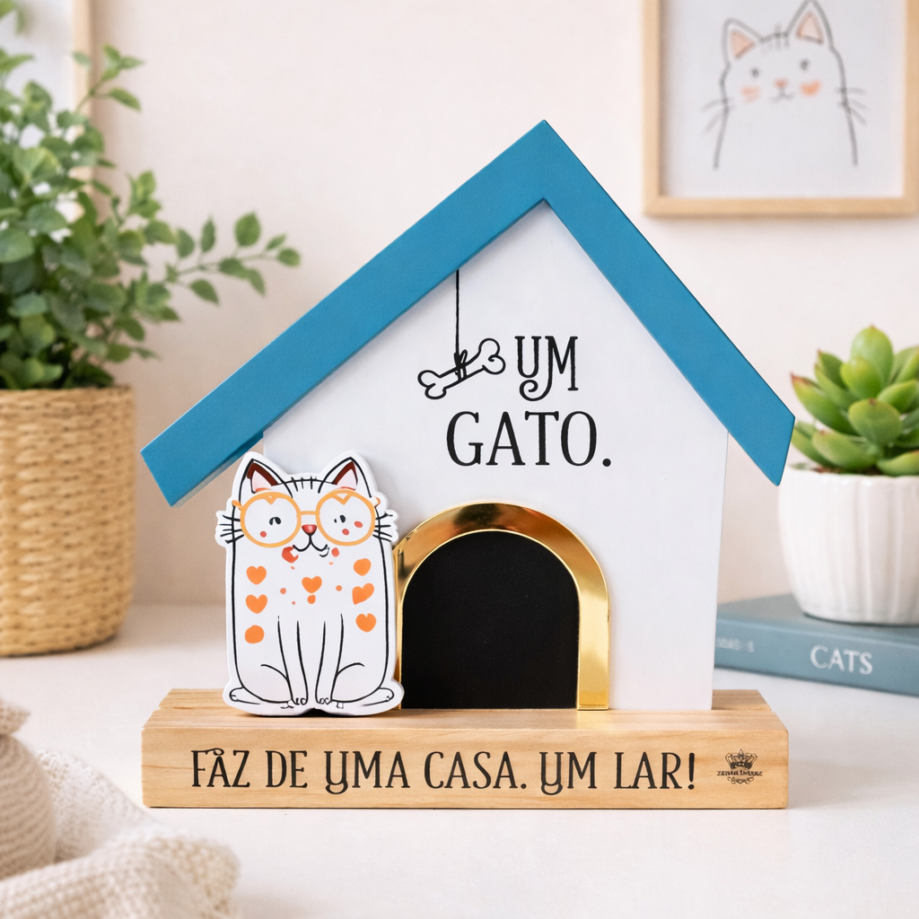 Enfeite de Mesa Gato em Madeira | Casinha Decorativa com Frase Criativa