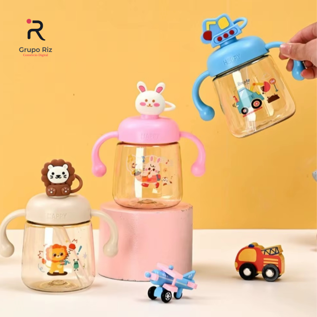 Copo Infantil 350ml com Canudo Silicone Antivazamento + Alça | Garrafa Squeeze Bebê 3 Modelos