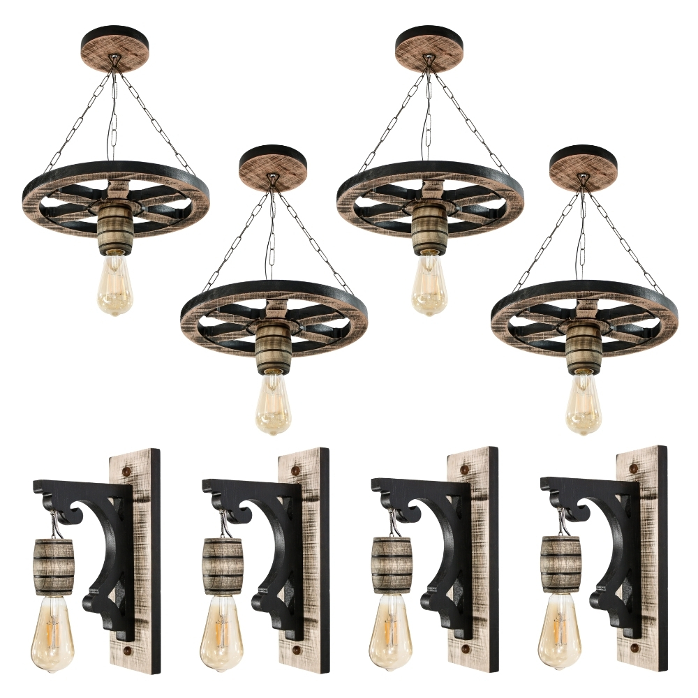 Kit 8 Luminárias Pendente Roda de Carroça e Luminárias Arandela Clássica Para Decoração - Rústico