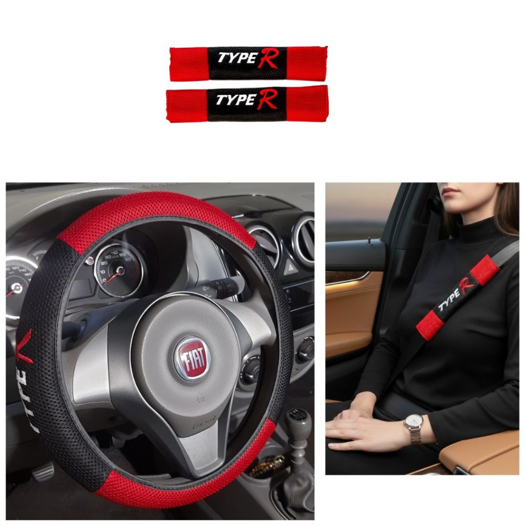 Kit Capa de Volante e Protetor de Cinto Respirável Universal Automotivo Chevrolet Fiat Ford Volks