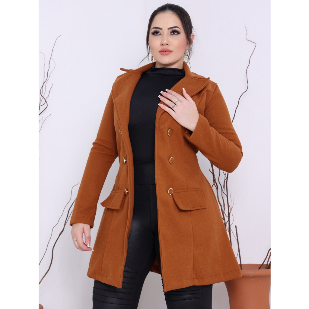 Casaco Inverno Sobretudo Longo Com Botão Lã Batida