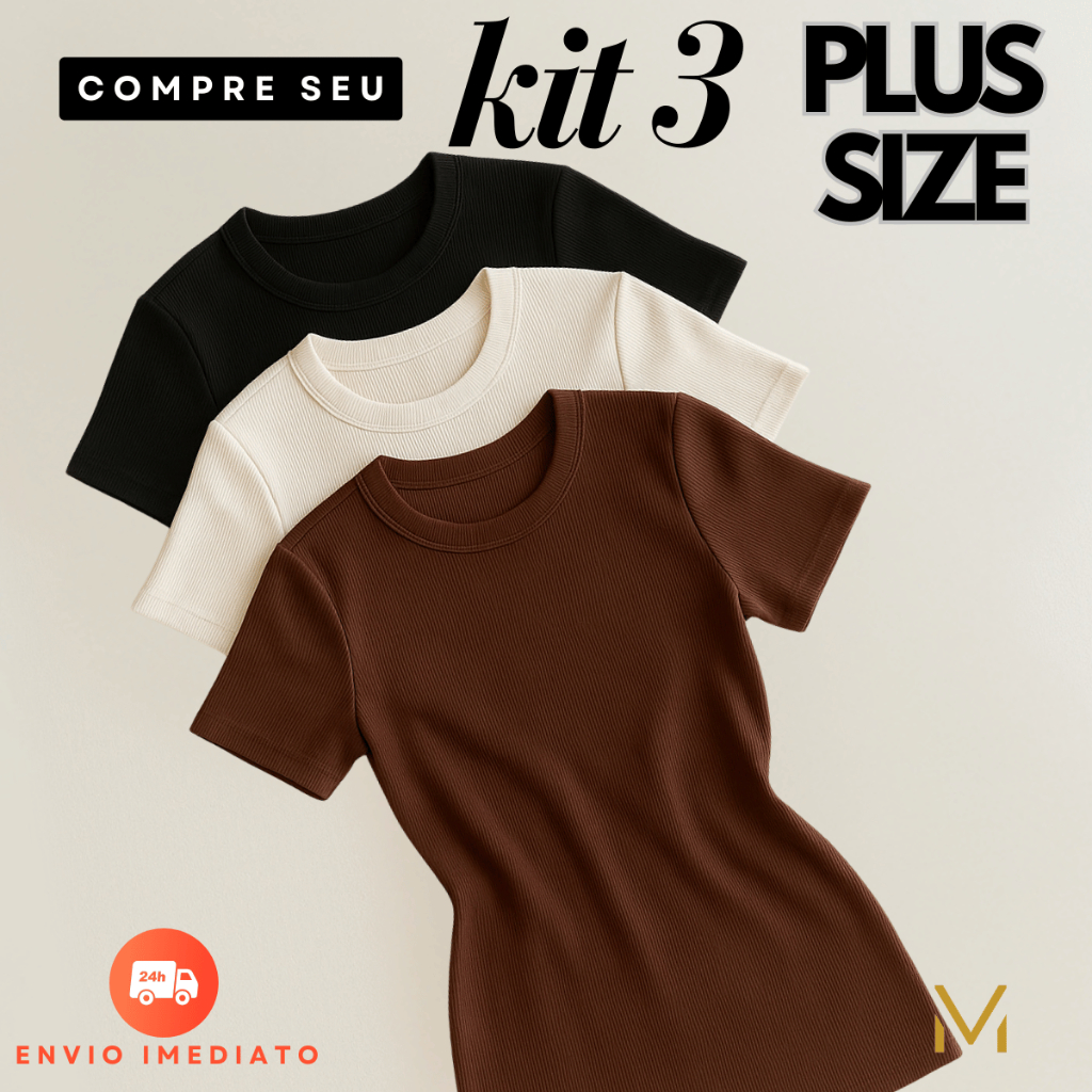 Kit 3 Blusas Feminina Plus Size Ribana Canelado Elegante Tendência Verão em Oferta na Shopee
