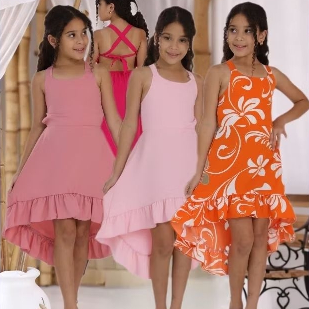 💫Vestido infantil Mullet-Sereia com babado é laço nas costas confeccionado em tecido crepinho.de 10 au 16💞 em Oferta na Shopee