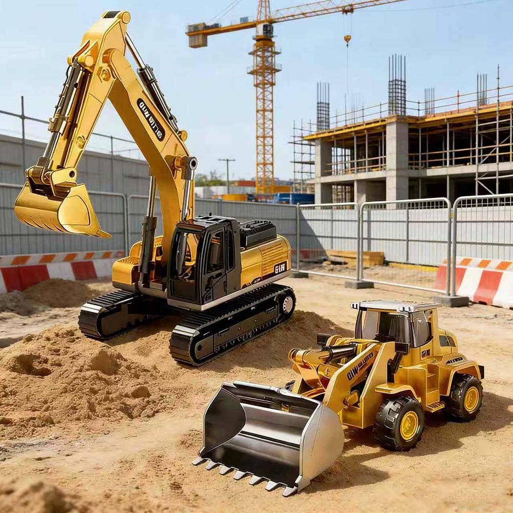 Brinquedo Miniatura de Escavadeira, Carregadeira e Guindaste – Veículos de Construção Civil