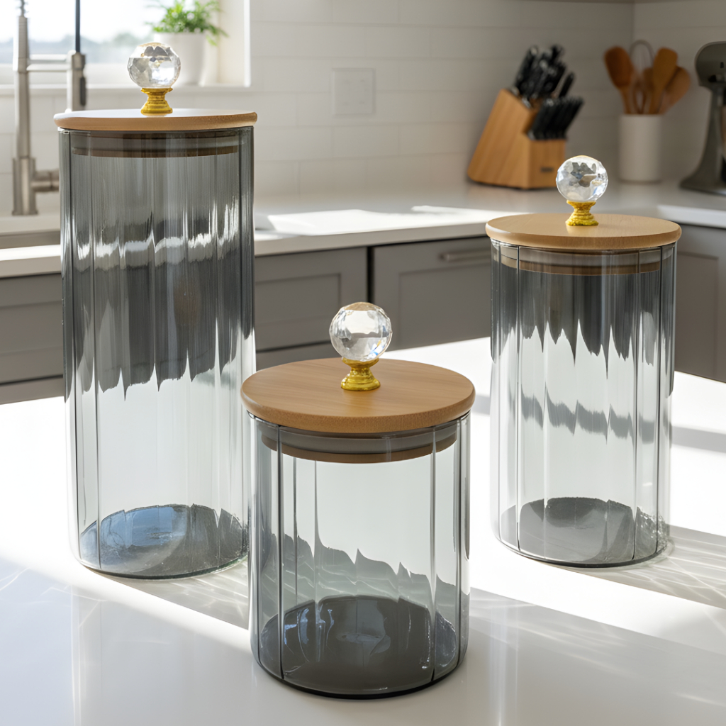 Kit 1, 2 ou 3 de Potes Herméticos Vidro Canelado fumê Tampa Bambu Cristal Luxo Porta Mantimentos em Oferta na Shopee