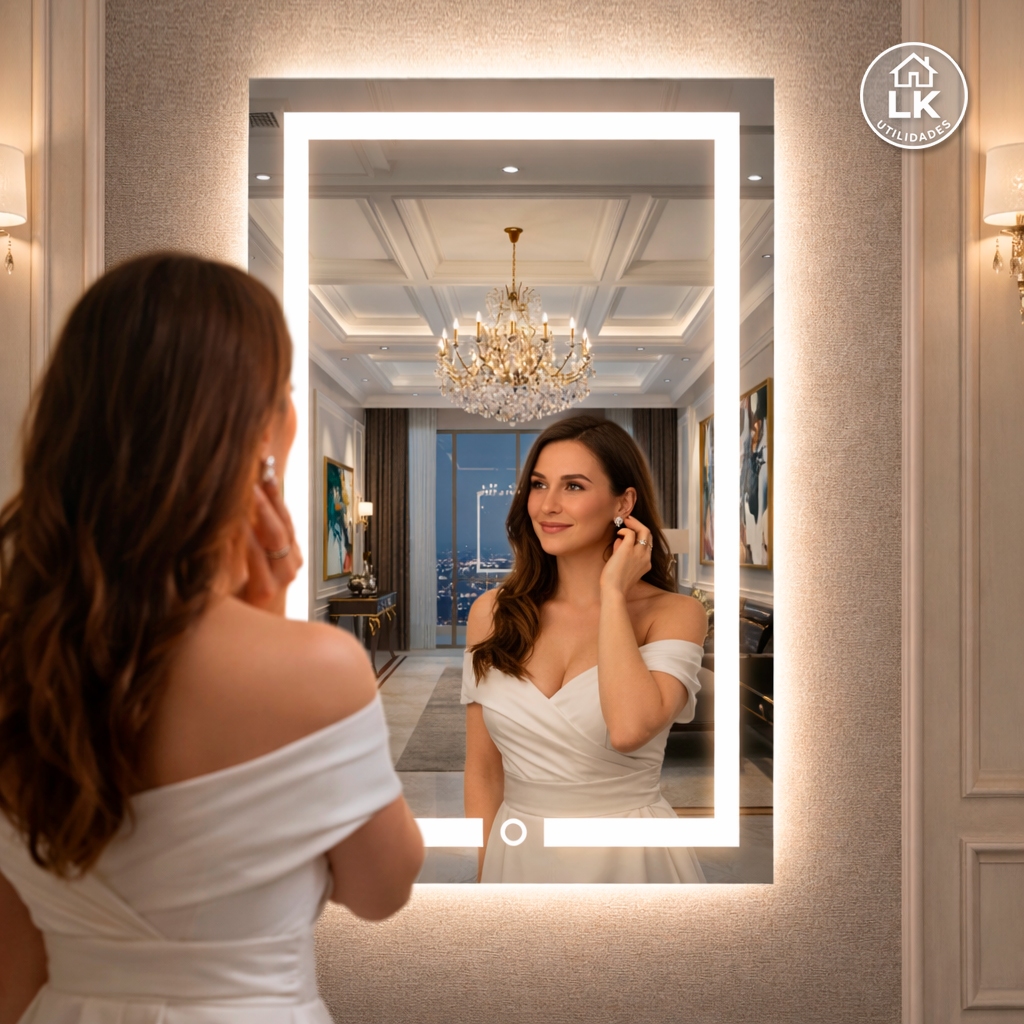 Espelho LED Retangular 80×50 cm Jateado com Botão Touch – Moderno Para Banheiro Lavabo e Penteadeira