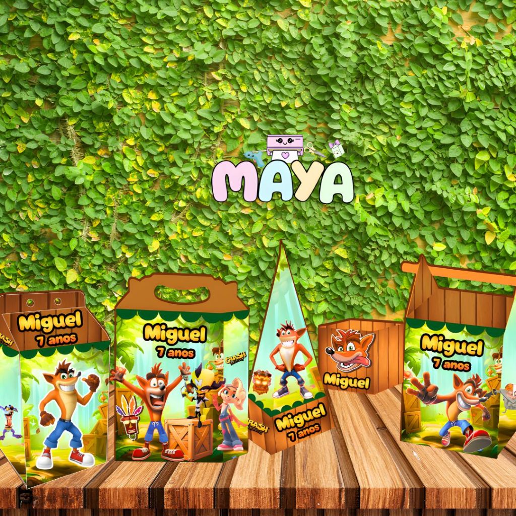 Kit Festa CRASH BANDICOOT Personalizado 10/50 Peças – Caixas Milk - Pirâmide - Maleta - Canudo com Nome e Idade Infantil