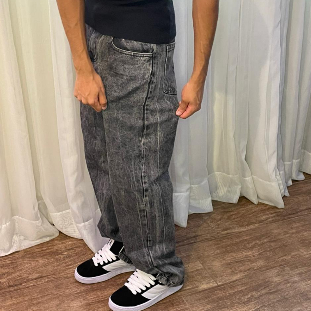 Calça Baggy Balão Jeans Estonado Retrô Masculino Cós de Botão Largo Premium Streetwear