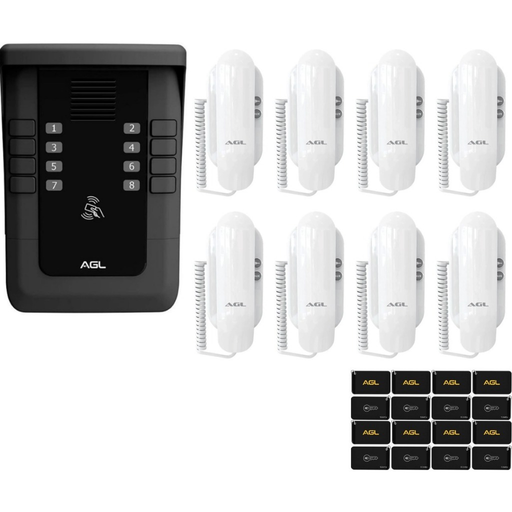 KIT PORTEIRO COLETIVO AGL S500 8 PONTOS BLUETOOTH + 8 MONOFONES + 16 TAG -  (KIT INTERFONE)