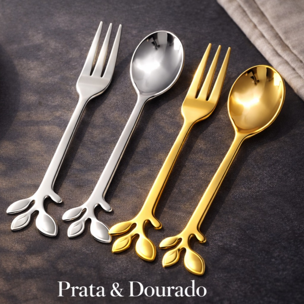 Kit Garfo Colher Sobremesa Folha Aço Inox Dourado Prateado Café Chá Mesa Posta 10 Peças Talheres — imagem 2 de 2