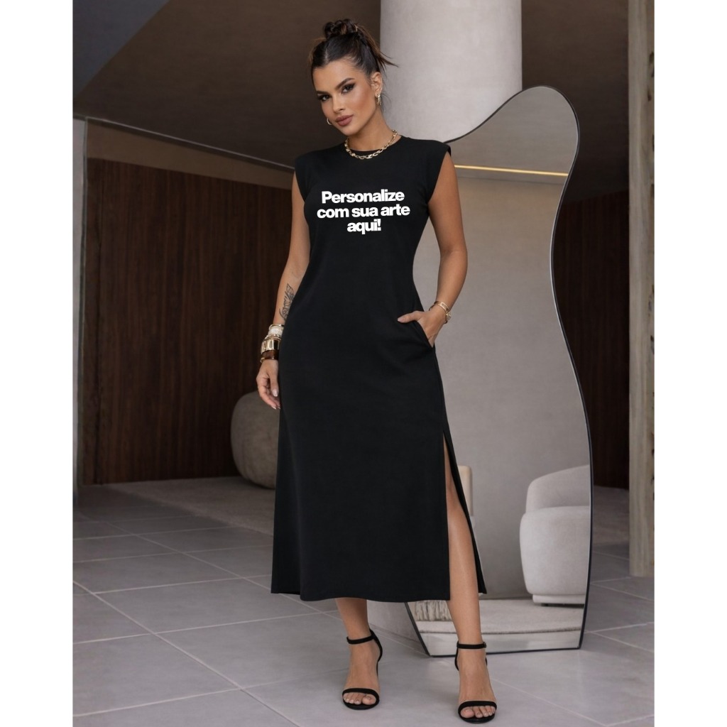 Vestido Midi Feminino Personalizado com Foto Logo ou Arte Algodão Premium Elastano Casual